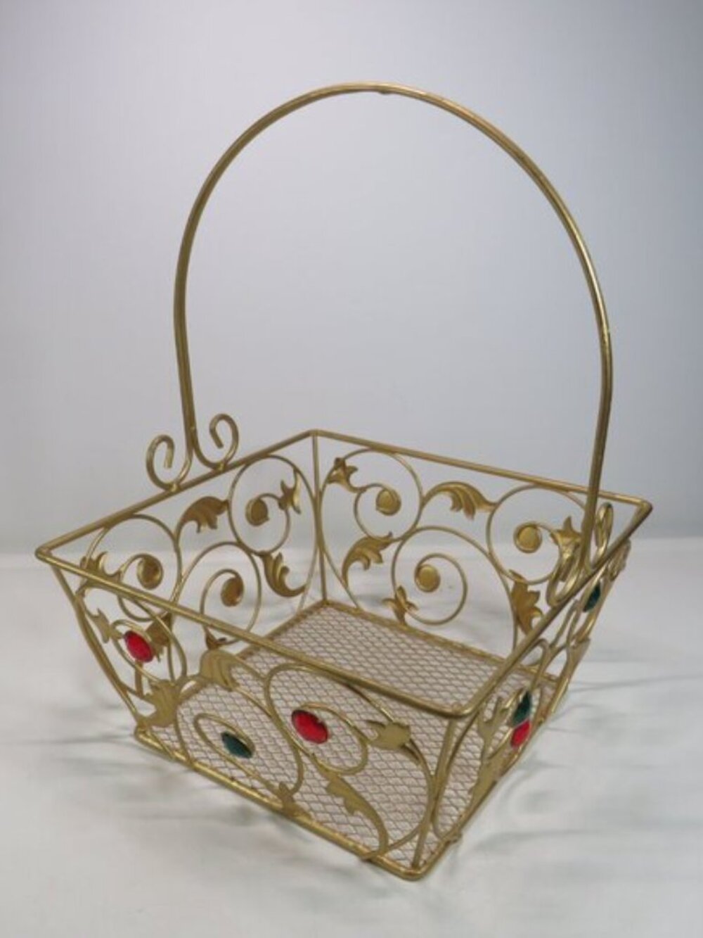 Vintage Gold Metal Swirl Filigree Christmas Basket Jewel Rhinestone Accents